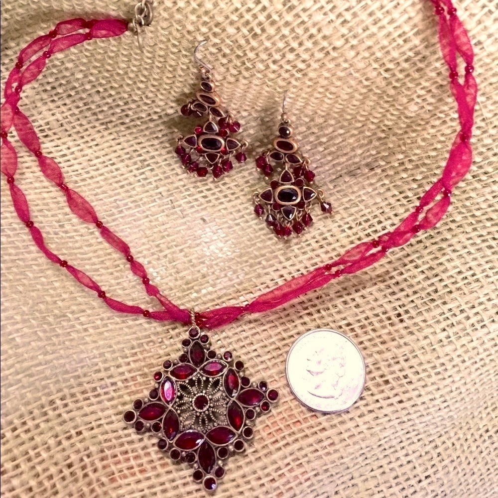 Monet red crystal stone necklace & earring set